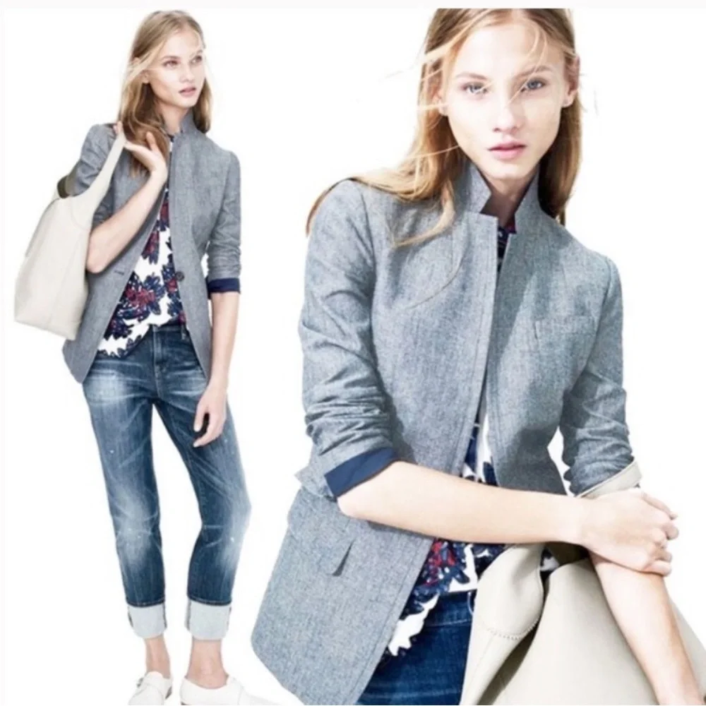 LIKE NEW J. Crew Regent Chambray Cotton Suit Jacket Blazer Coat 2 TALL